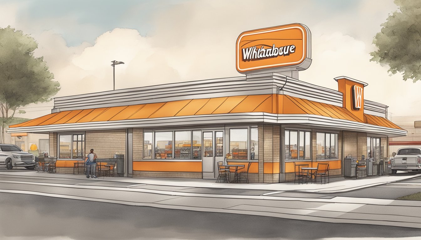 A bustling Whataburger in Monroe, LA, with a drive-thru line and outdoor seating, surrounded by local businesses and a sense of community