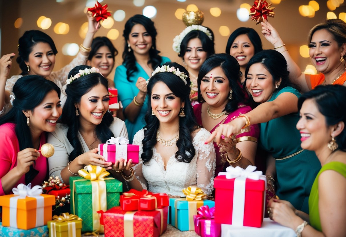 A group of women celebrating with gifts and decorations, some focused on the bride, others on the couple
