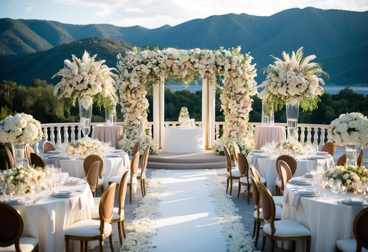 A lavish wedding venue with opulent decor and extravagant floral arrangements, set against a backdrop of stunning natural scenery