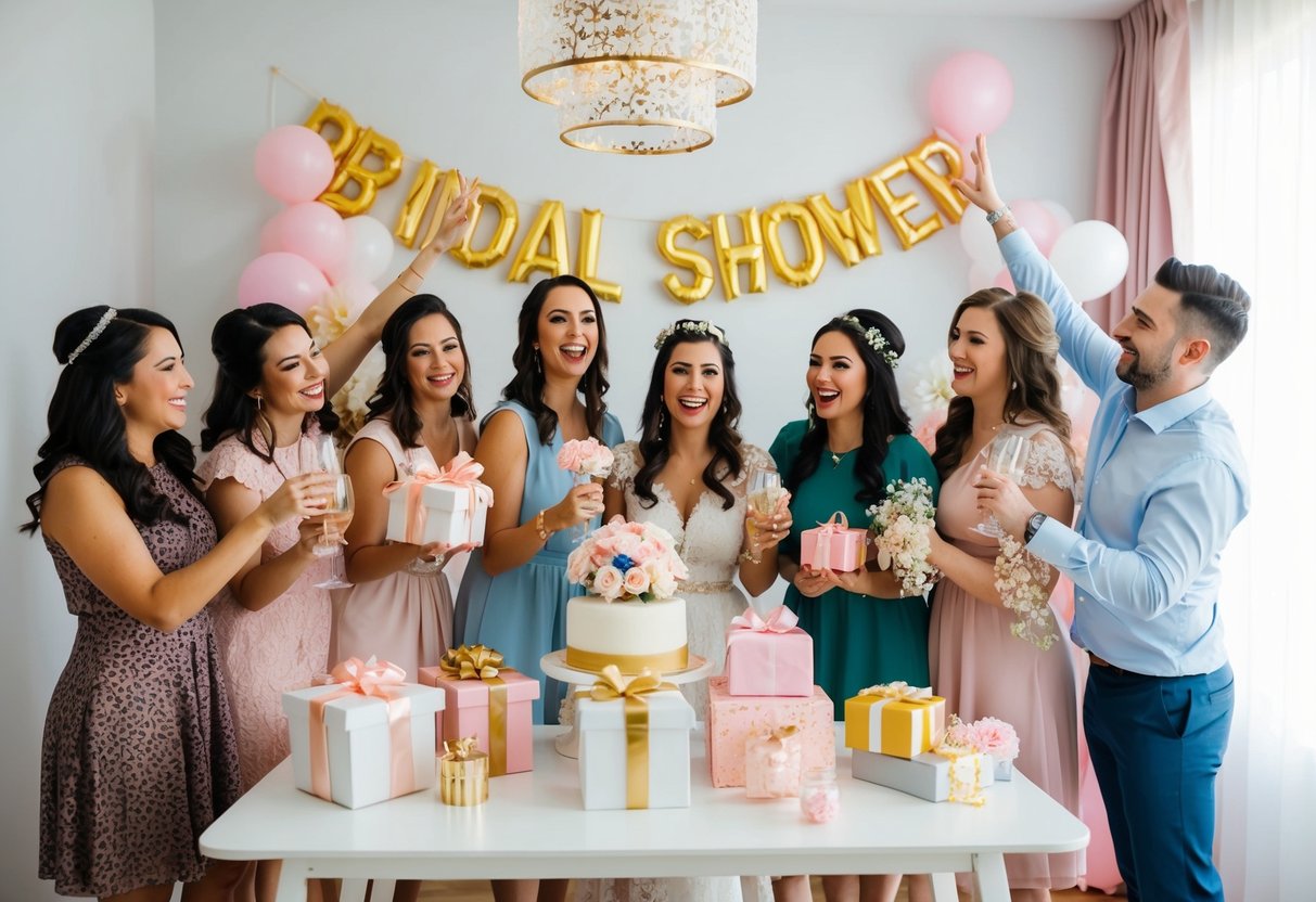 A group of women celebrating at a bridal shower with gifts and decorations, while a wedding shower features a mixed-gender group celebrating the couple