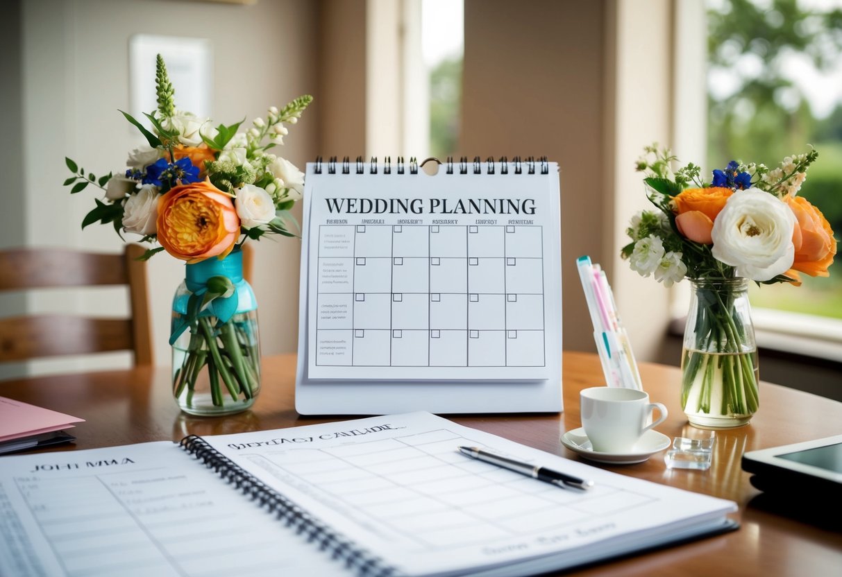 A calendar with wedding planning notes, flowers, and a checklist on a table