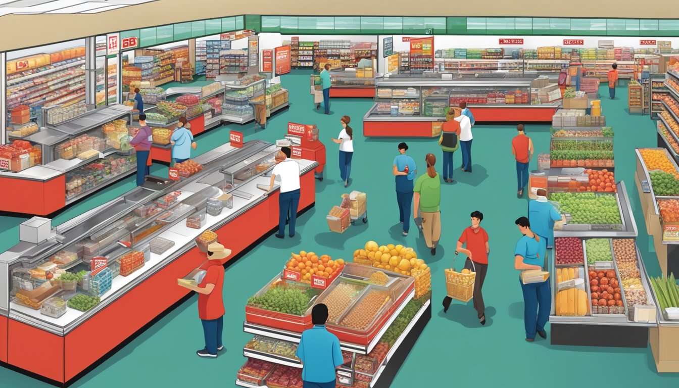 A bustling H-E-B store with various departments and employees assisting customers