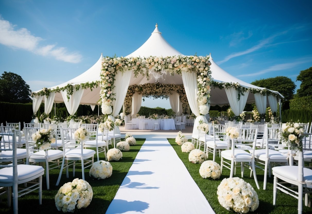 A lavish outdoor wedding in June, with blooming flowers, a clear blue sky, and a grand white tent adorned with elegant decorations