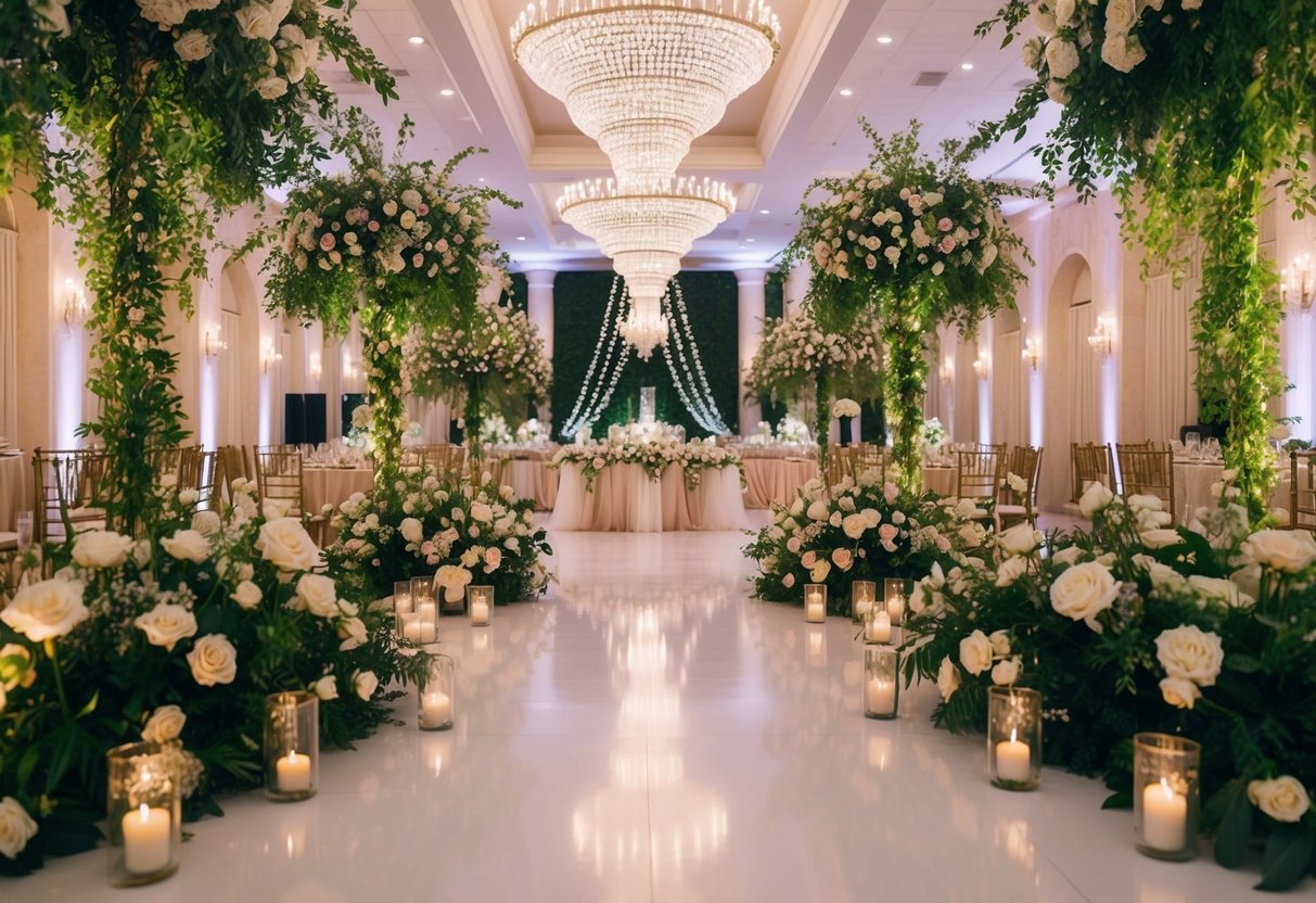 A lavish wedding venue surrounded by blooming flowers and lush greenery, with a grand reception hall adorned with elegant decor and twinkling lights