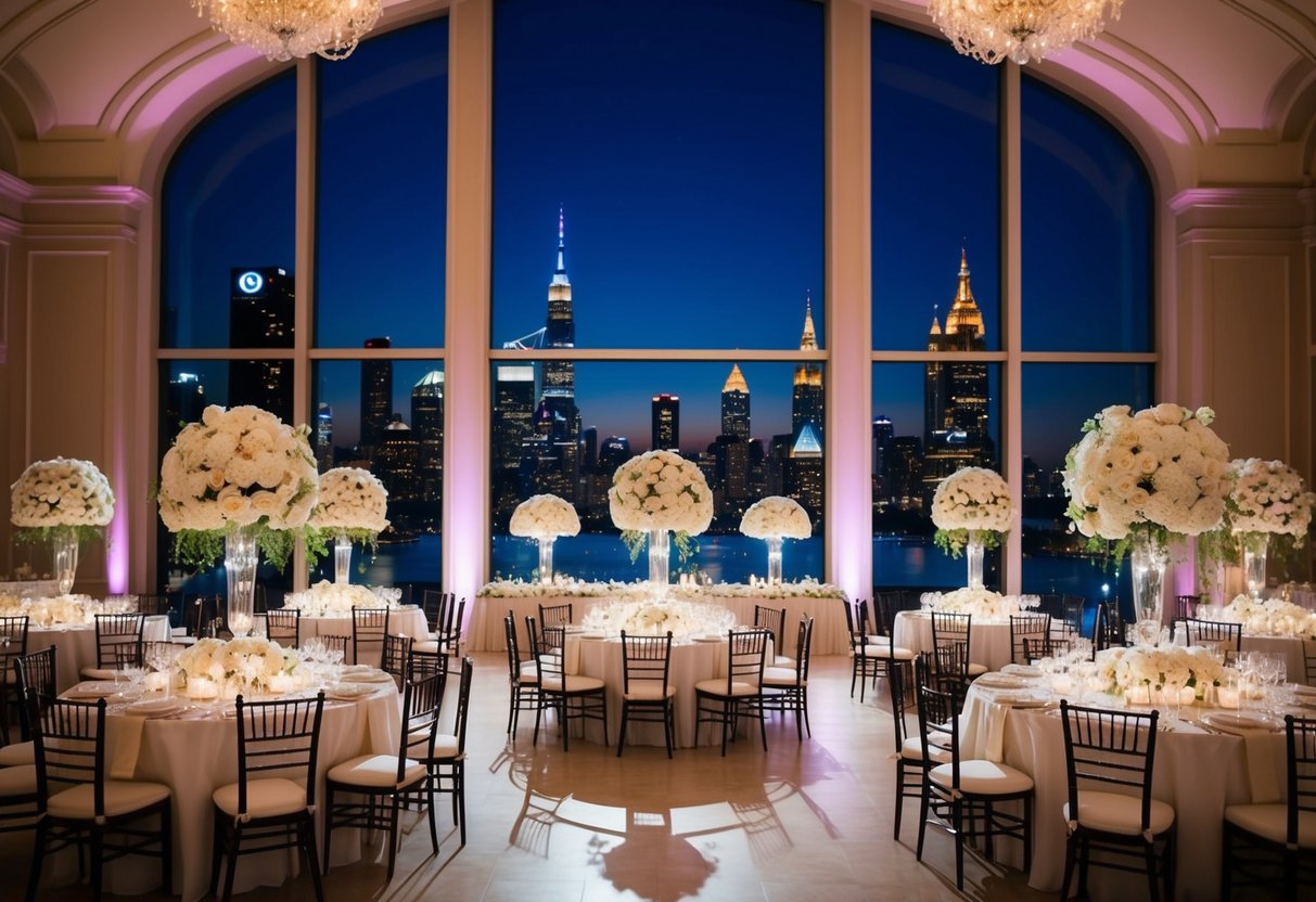 A lavish wedding reception in a grand ballroom with opulent decorations and a stunning view of a city skyline at night