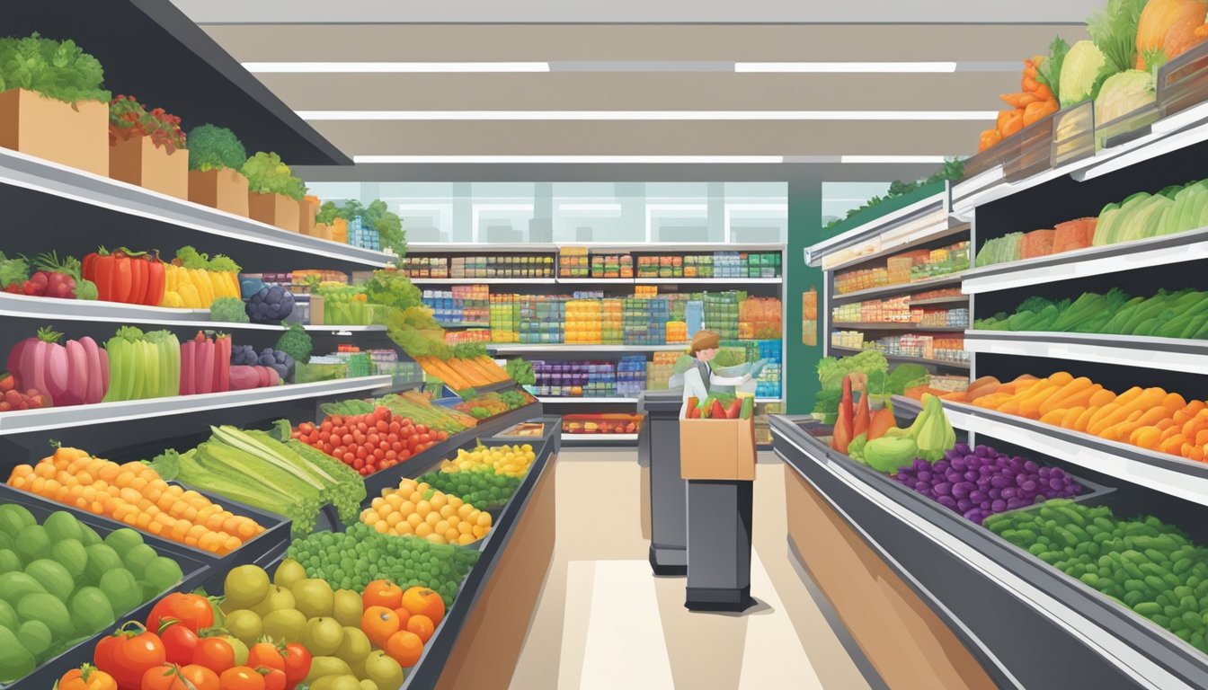 A bustling grocery store with colorful displays of fresh produce, shelves stocked with various goods, and customers browsing the aisles