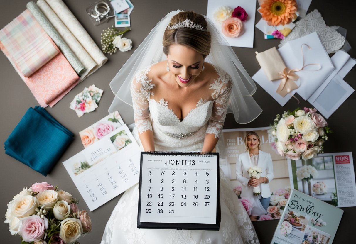 A bride-to-be surrounded by fabric swatches, flower samples, and bridal magazines, with a calendar showing 18 months until the wedding date