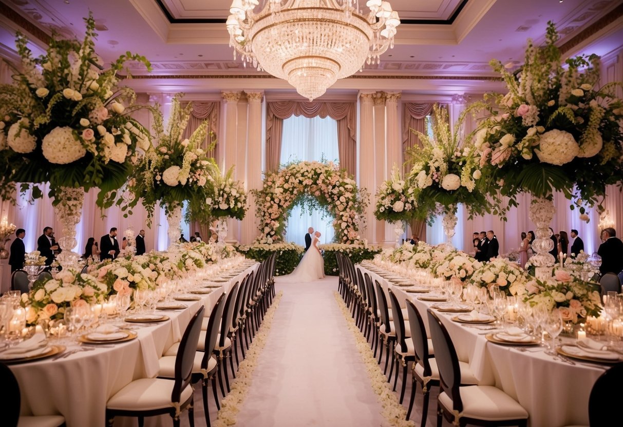A lavish wedding set in a grand ballroom with opulent decor and extravagant floral arrangements, taking place during the peak of summer