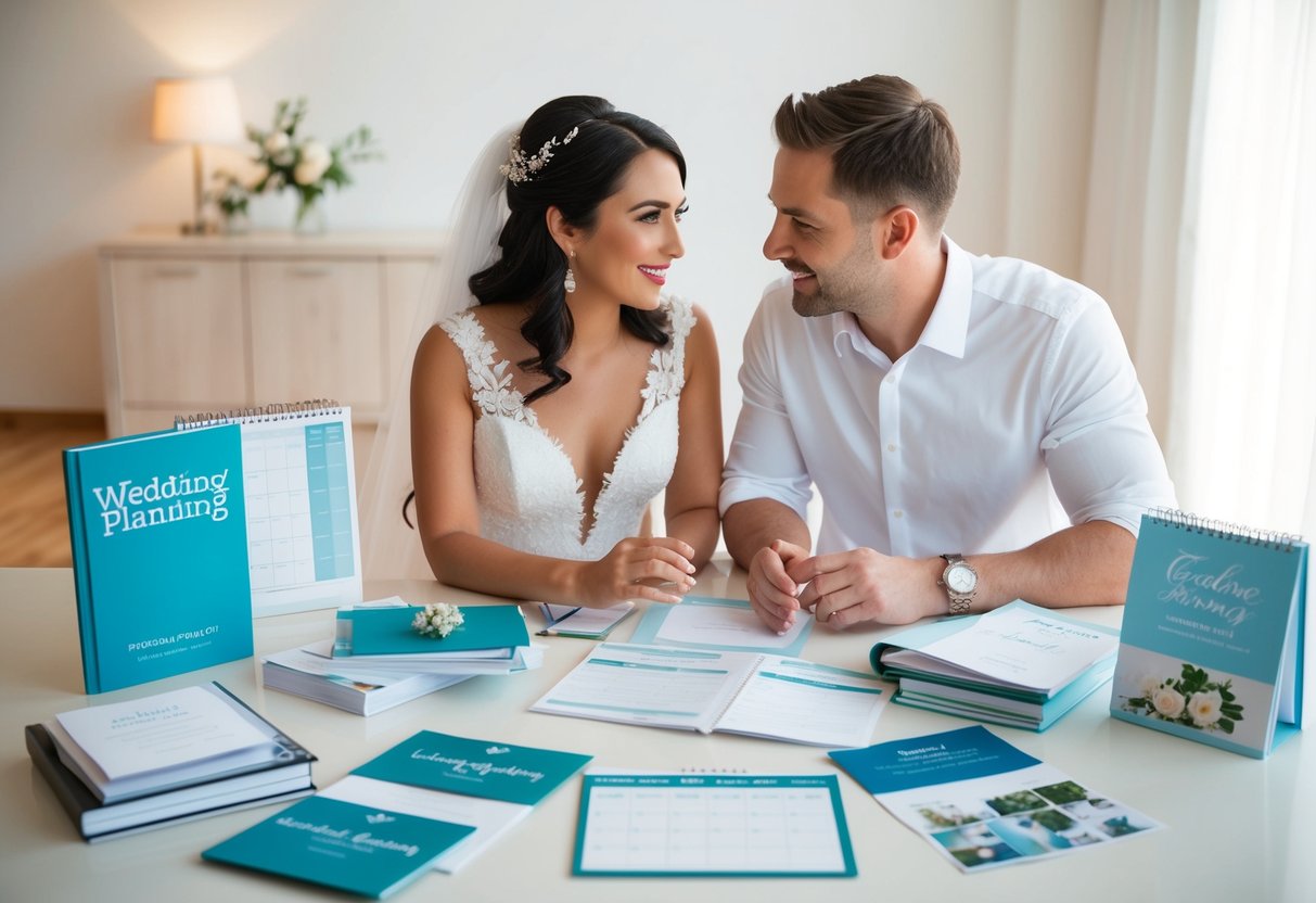 A couple surrounded by wedding planning books, calendars, and invitation samples, discussing their timeline