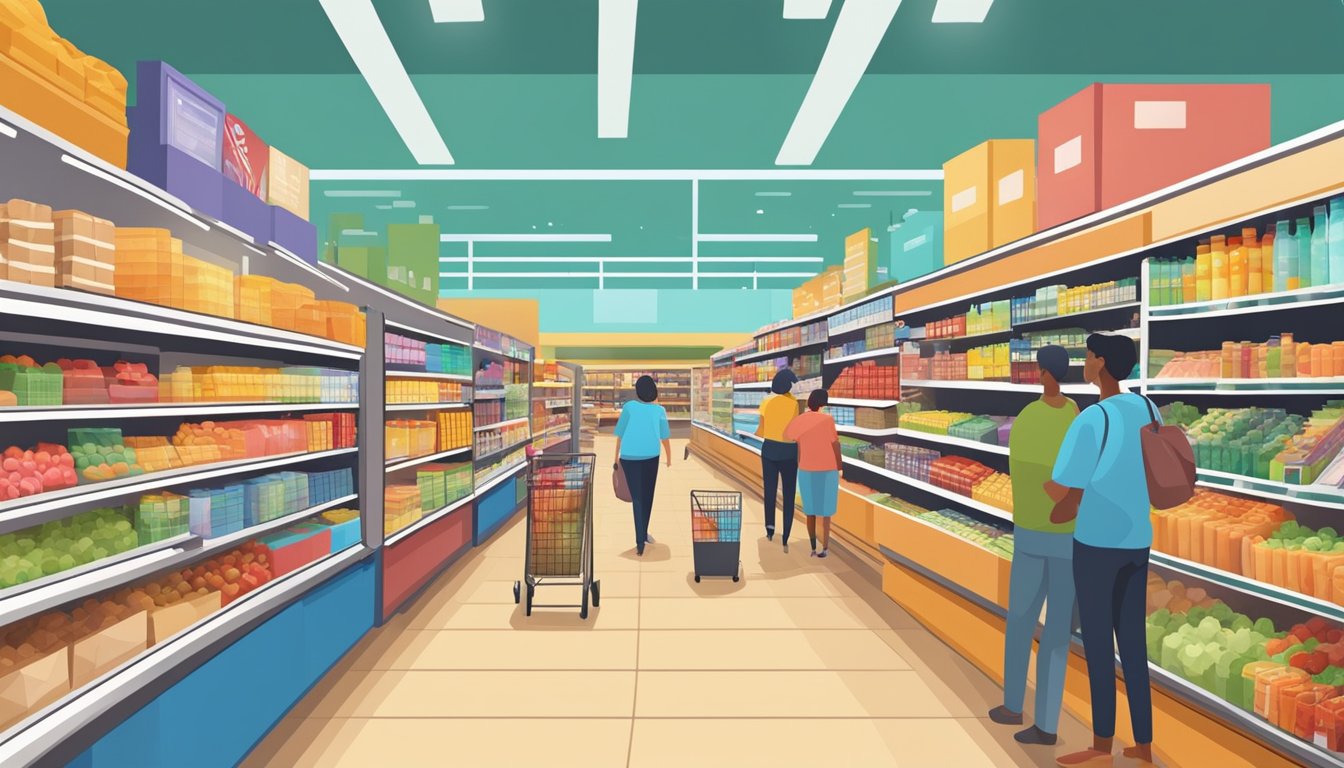 A busy grocery store with colorful aisles, stocked shelves, and customers browsing the various products