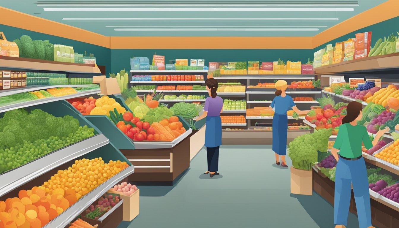 Busy grocery store with colorful displays, fresh produce, and helpful staff assisting customers