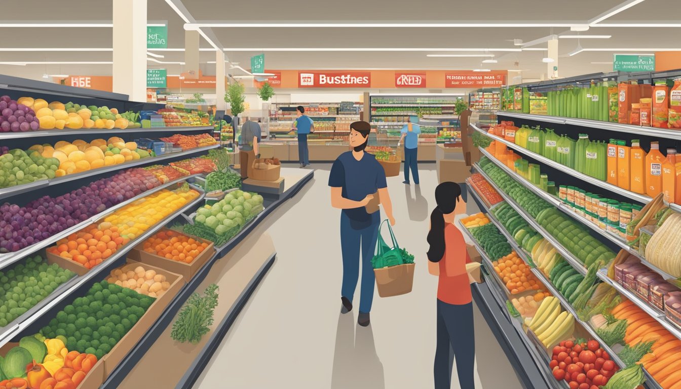 A bustling heb grocery store with shelves stocked with locally sourced produce and sustainable products. Customers browse the aisles, and employees restock the shelves