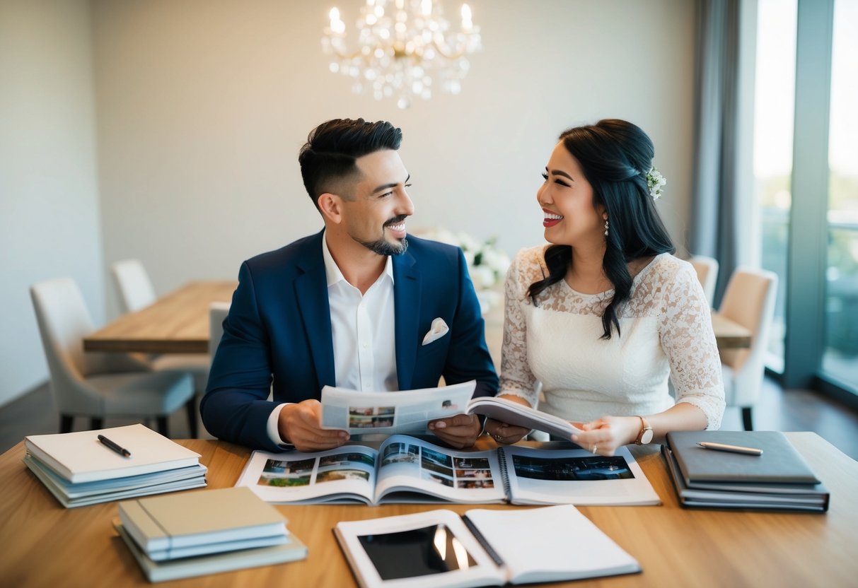A couple sits at a table, surrounded by wedding magazines and notebooks. They discuss plans and look at each other with excitement