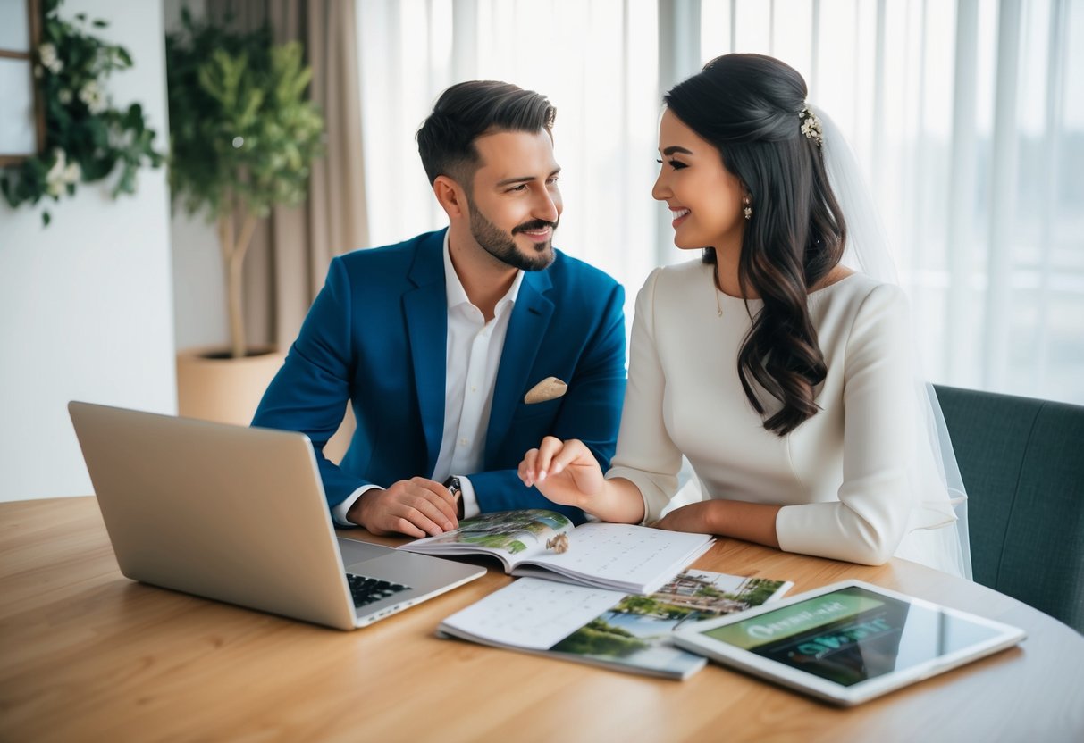 A couple sits at a table with a calendar, wedding magazines, and a laptop, discussing wedding plans and looking at potential venues