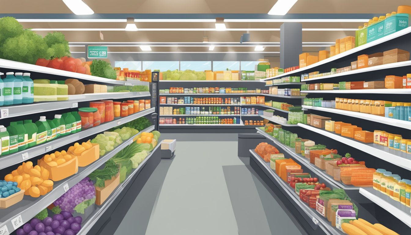 A bustling grocery store aisle with shelves stocked with health and wellness services products at HEB