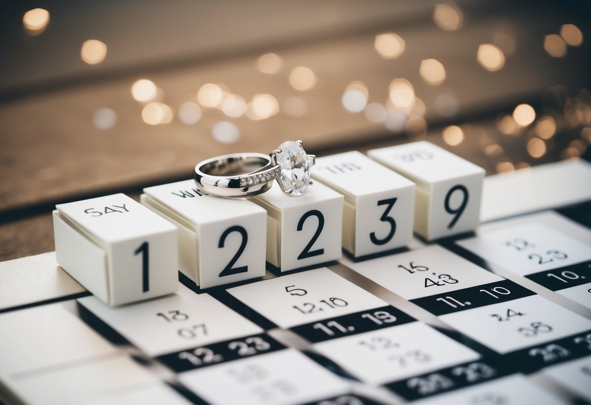 A calendar with dates crossed out and a wedding ring on top
