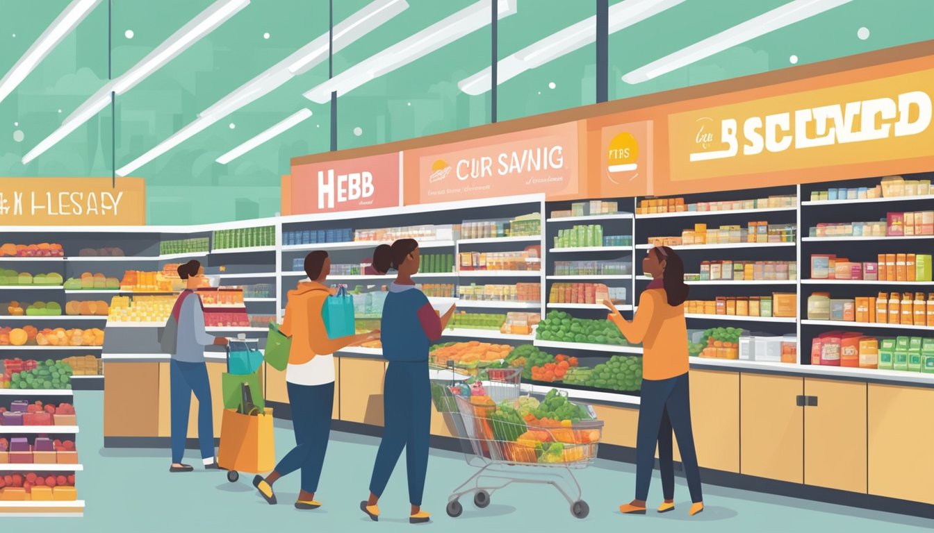 A busy grocery store with shelves stocked with various products, customers browsing, and signs promoting Customer Savings Programs at HEB