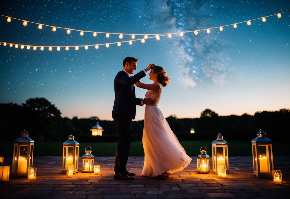 A couple dancing under a starry sky, surrounded by glowing lanterns and soft candlelight