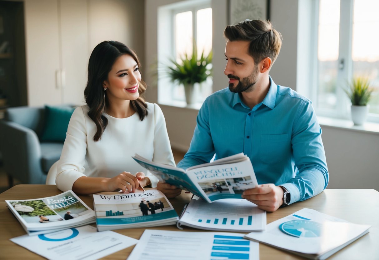 A couple sits at a table, surrounded by wedding magazines and financial documents. They discuss their future plans while considering the timing of their wedding