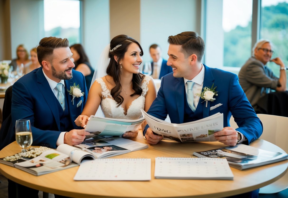 A couple sits at a table, surrounded by wedding magazines and a calendar. They discuss and plan their wedding, looking excited and focused