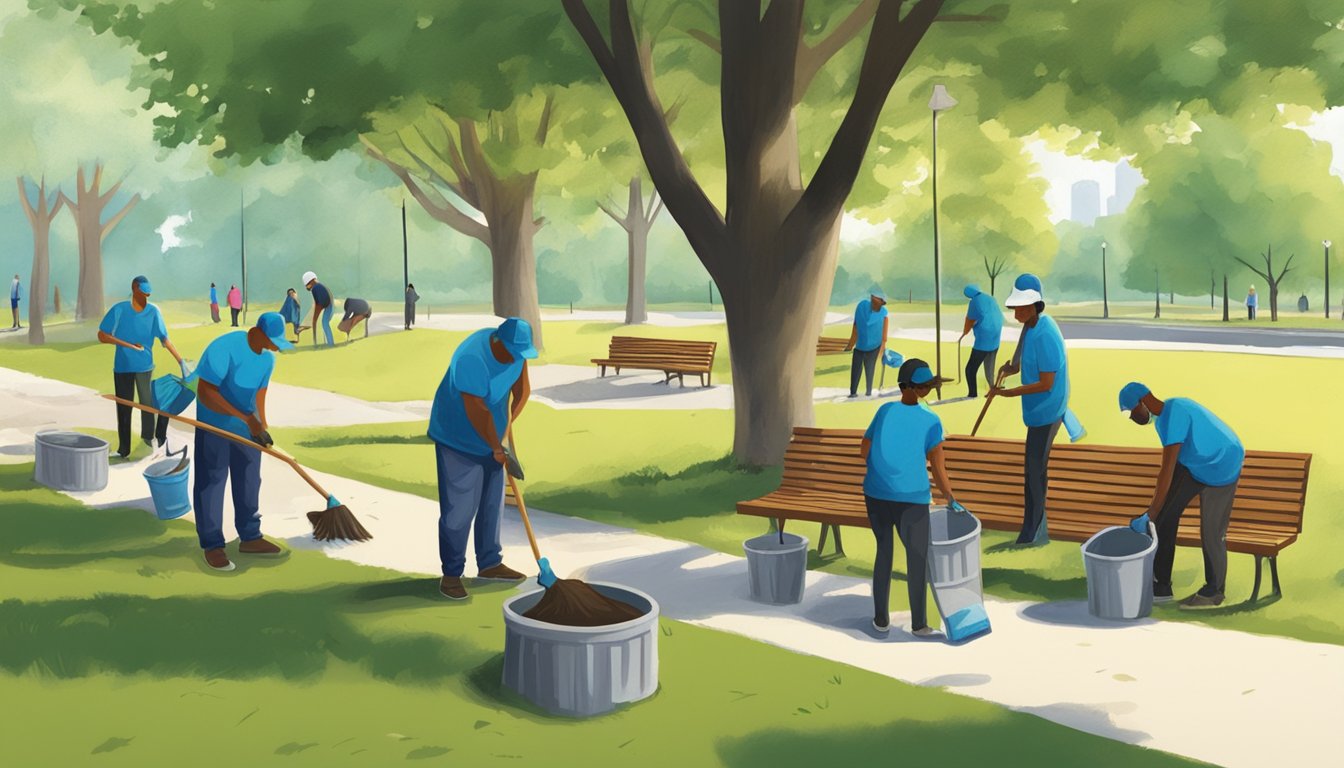 A group of people cleaning up a local park, planting trees, and painting benches