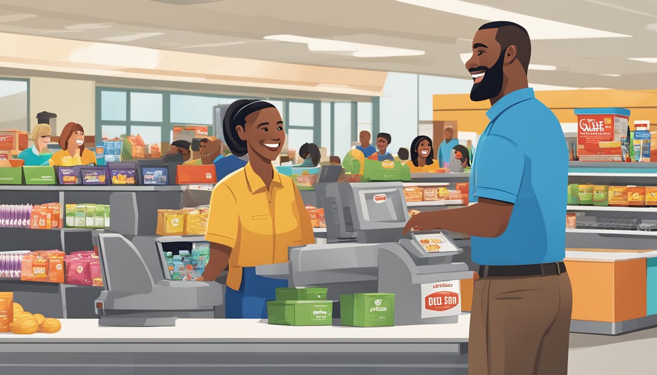 HEB employees smiling and talking with customers at the store checkout counter