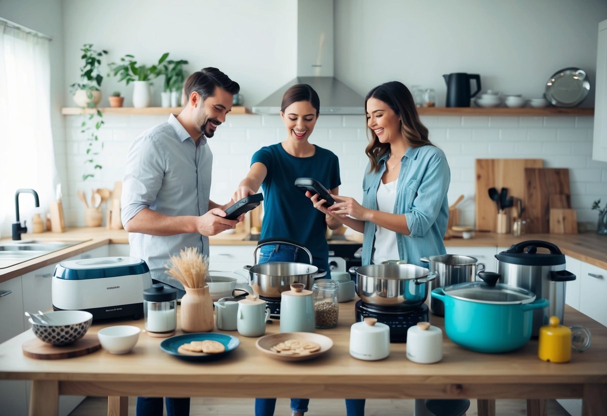A table filled with kitchenware, home appliances, and decorative items. A couple stands nearby, excitedly scanning items with a scanner