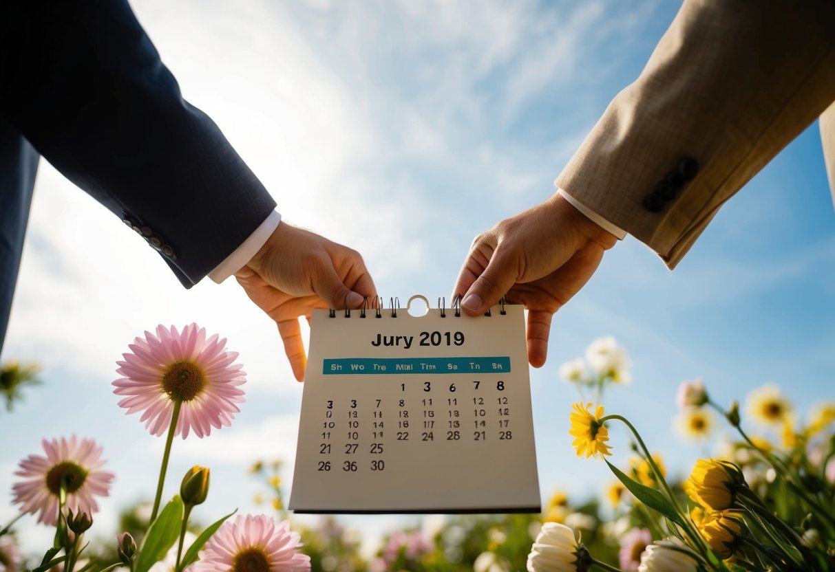 A couple holds hands and gazes at a calendar marked with their wedding date, surrounded by blooming flowers and a sunny sky