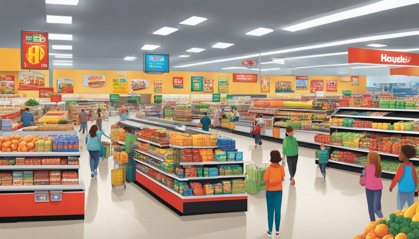 A bustling H-E-B Plus! store with aisles of products and customers browsing. Brightly lit, with colorful displays and a variety of merchandise