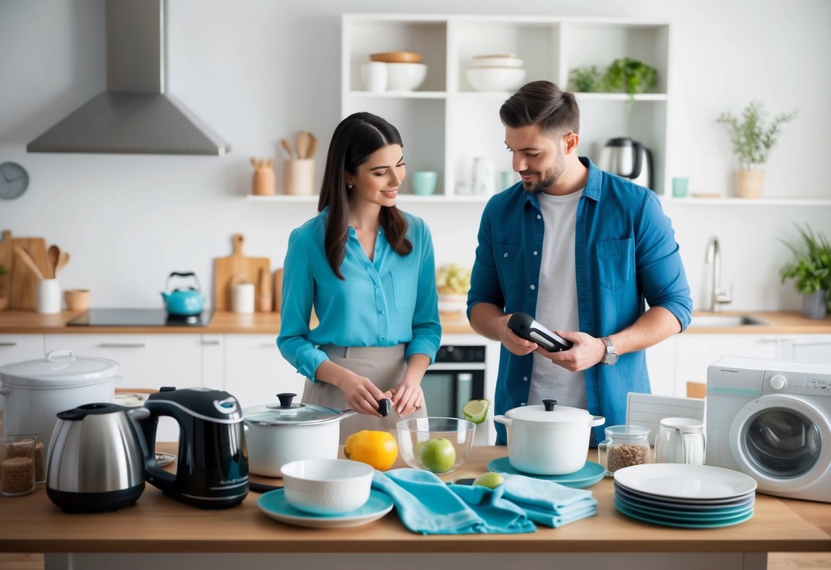 A table filled with various household items such as kitchenware, linens, and appliances. A couple is discussing and scanning items with a handheld scanner