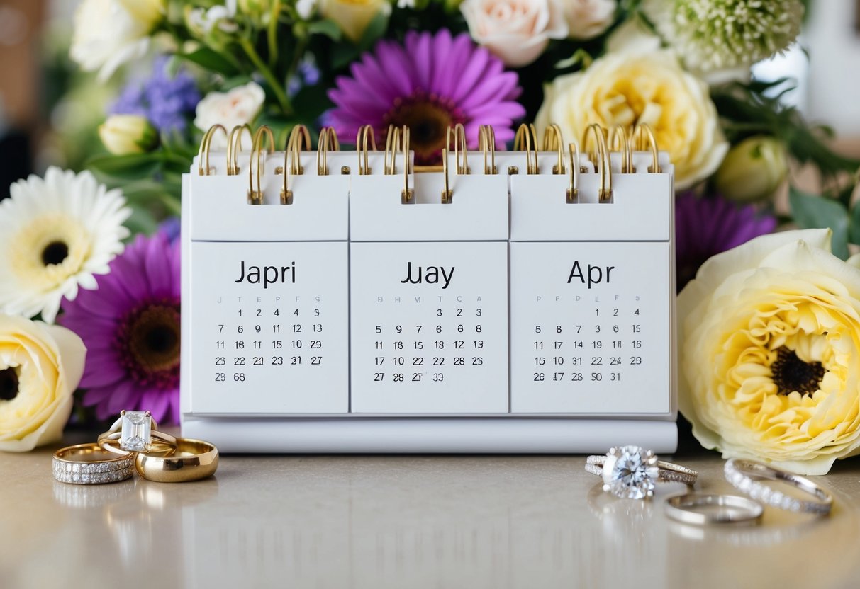 A calendar with three months marked, surrounded by wedding-related items like flowers, rings, and a venue