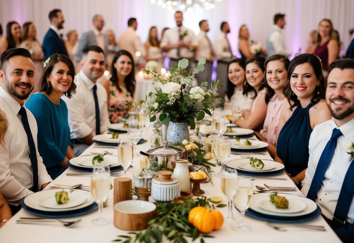A beautifully set table with a variety of kitchen and home items, surrounded by happy guests at a wedding reception