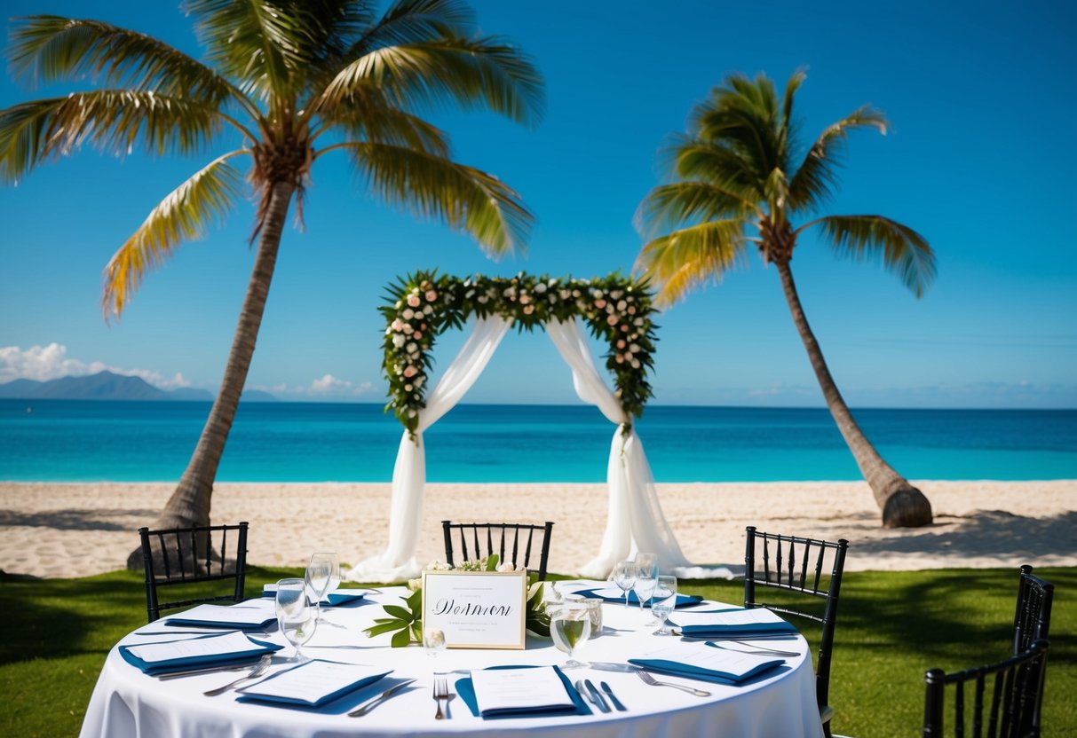 A tropical beach with a wedding arch, palm trees, and a clear blue sky. A table is set with elegant invitations and a sign reading "Destination Wedding."