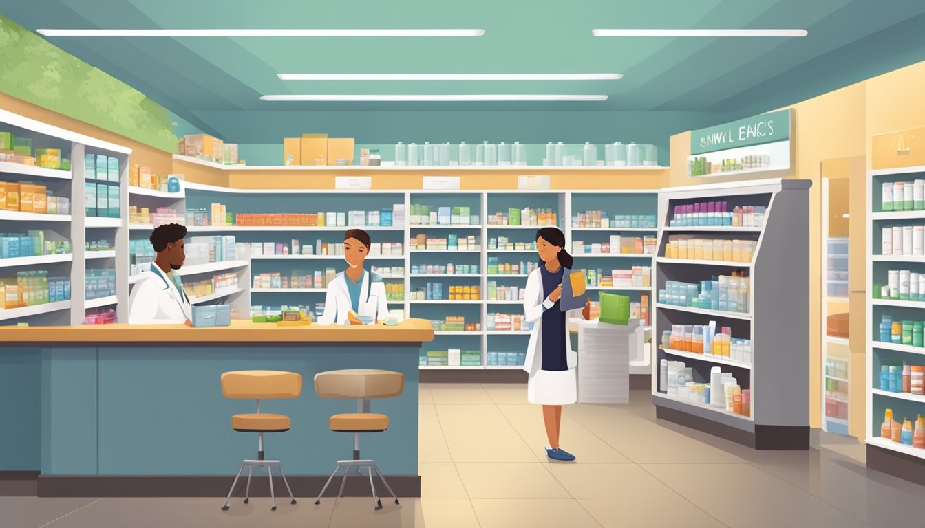 A bustling pharmacy with wellness services, shelves stocked with medications and health products, a consultation area, and a friendly staff assisting customers