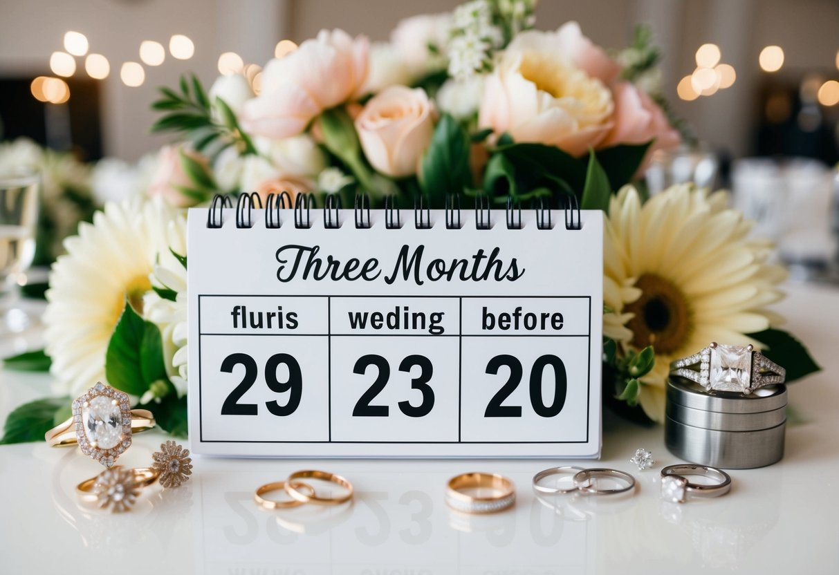 A calendar with the date three months before a wedding, surrounded by various wedding-related items such as flowers, rings, and a venue