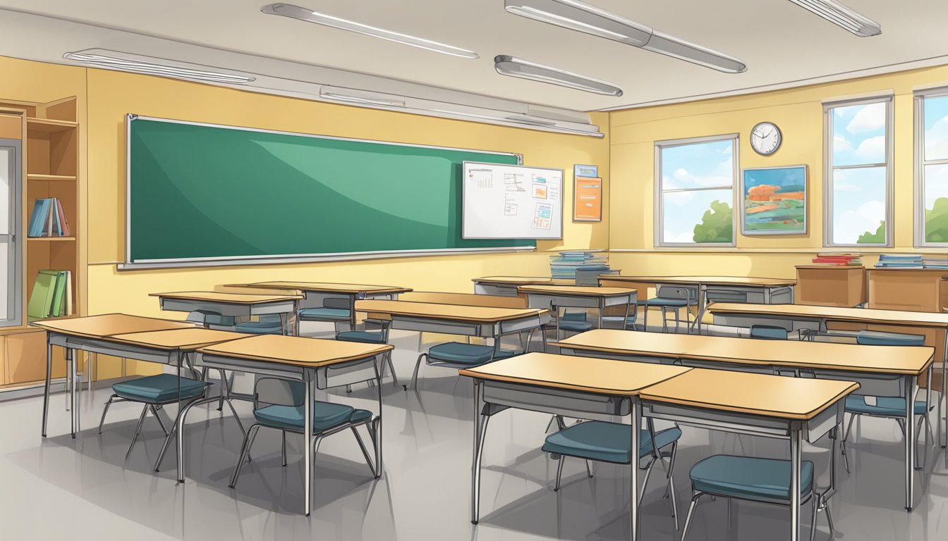 A classroom setting with a whiteboard, desks, and educational materials