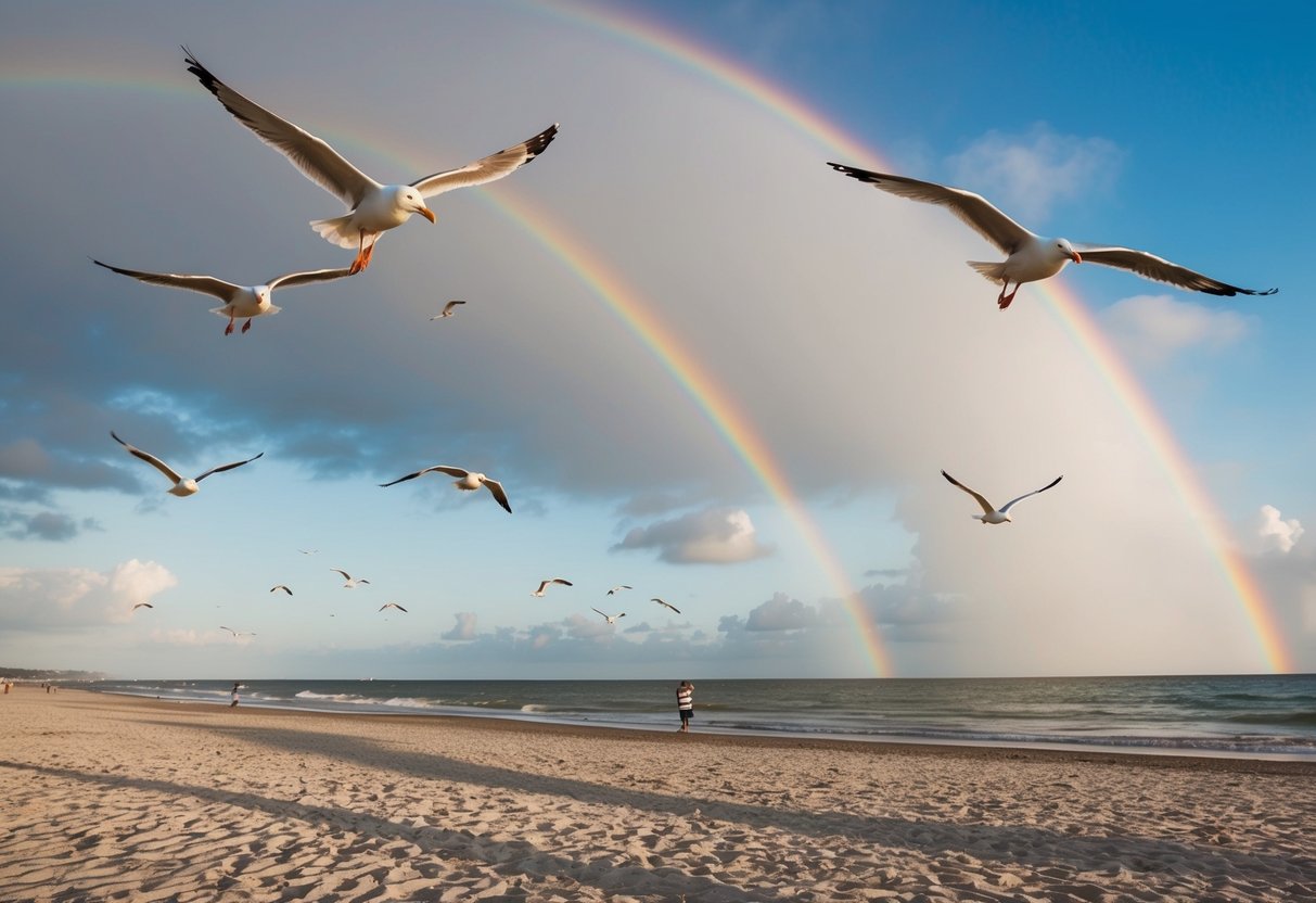 A sunny beach with seagulls flying overhead and a rainbow stretching across the sky