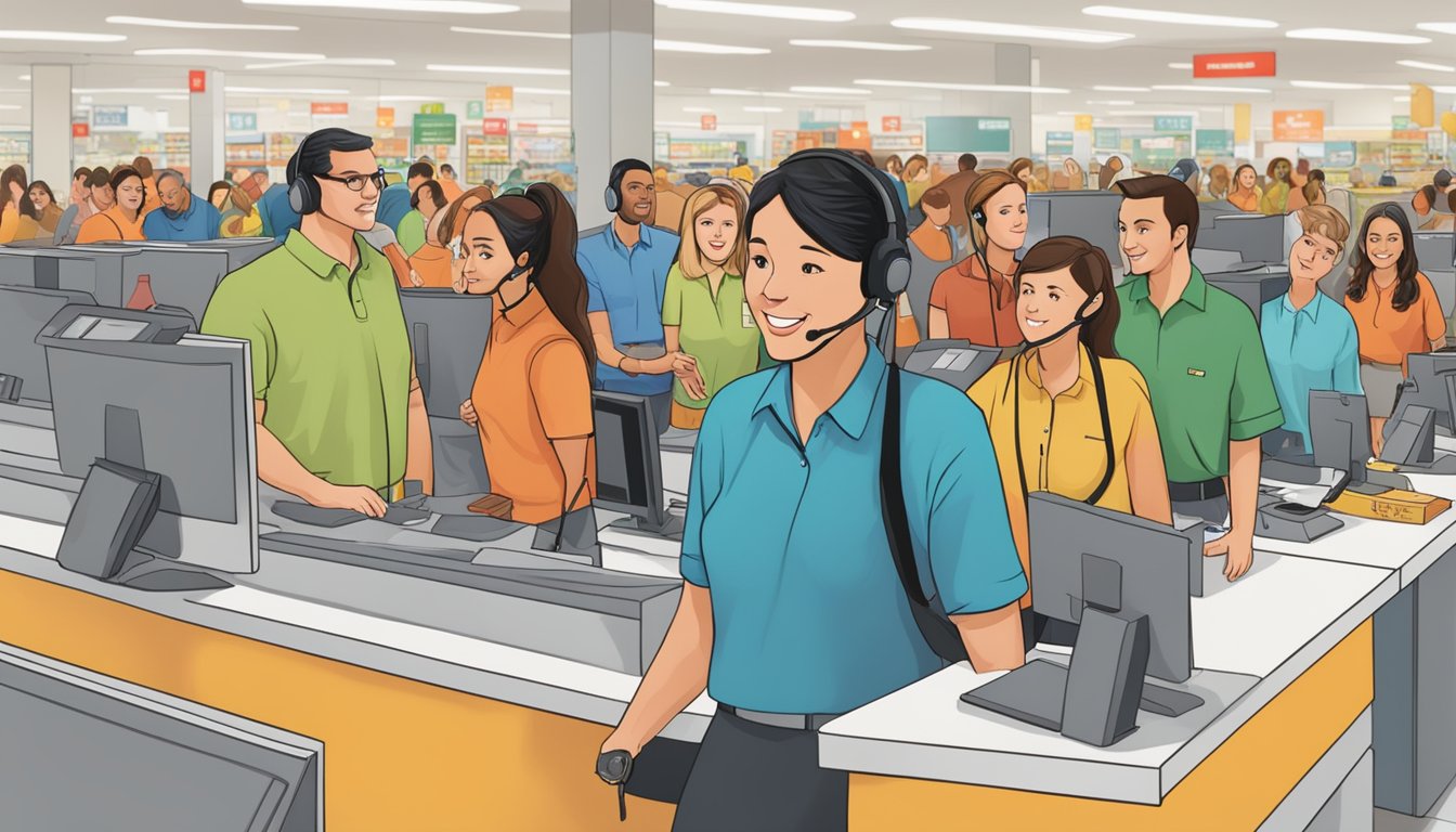 Customers lined up at customer service desk in a busy HEB Plus store, seeking assistance and support