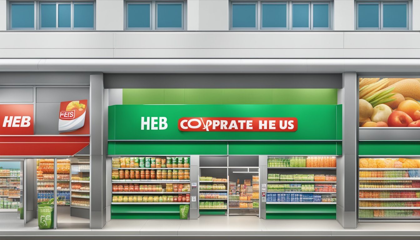 A modern supermarket facade with the "Corporate Information heb plus" signage prominently displayed above the entrance