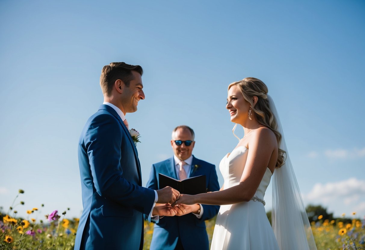 A bride and groom exchange vows under a clear blue sky, surrounded by vibrant wildflowers and a gentle breeze
