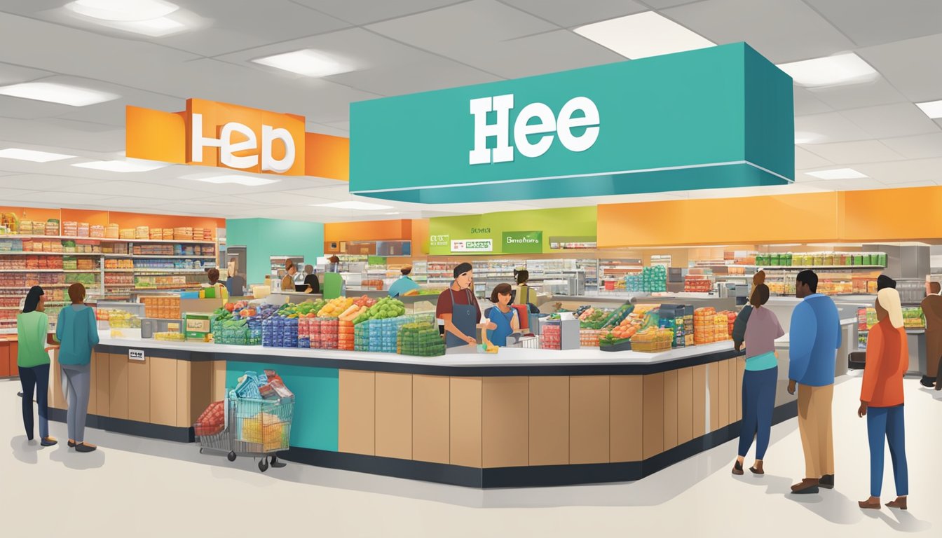 A bustling heb plus store with people shopping and employees working at the business services counter