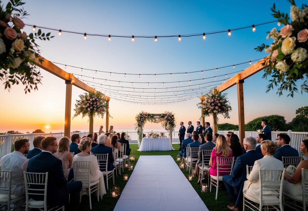A wedding venue at sunset, with floral decorations and seating for guests, under a canopy with string lights