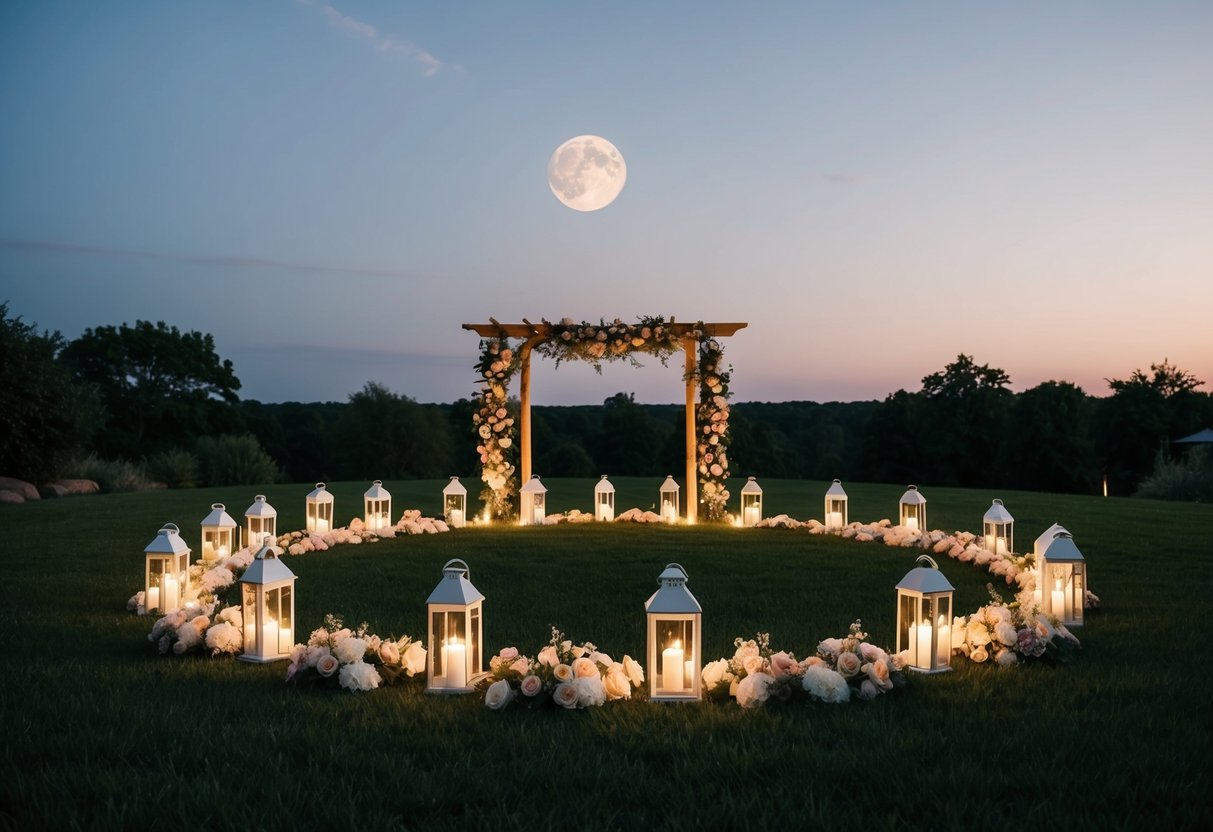 A serene outdoor wedding set under a full moon, with lanterns and flowers arranged in a circular pattern, symbolizing unity and harmony