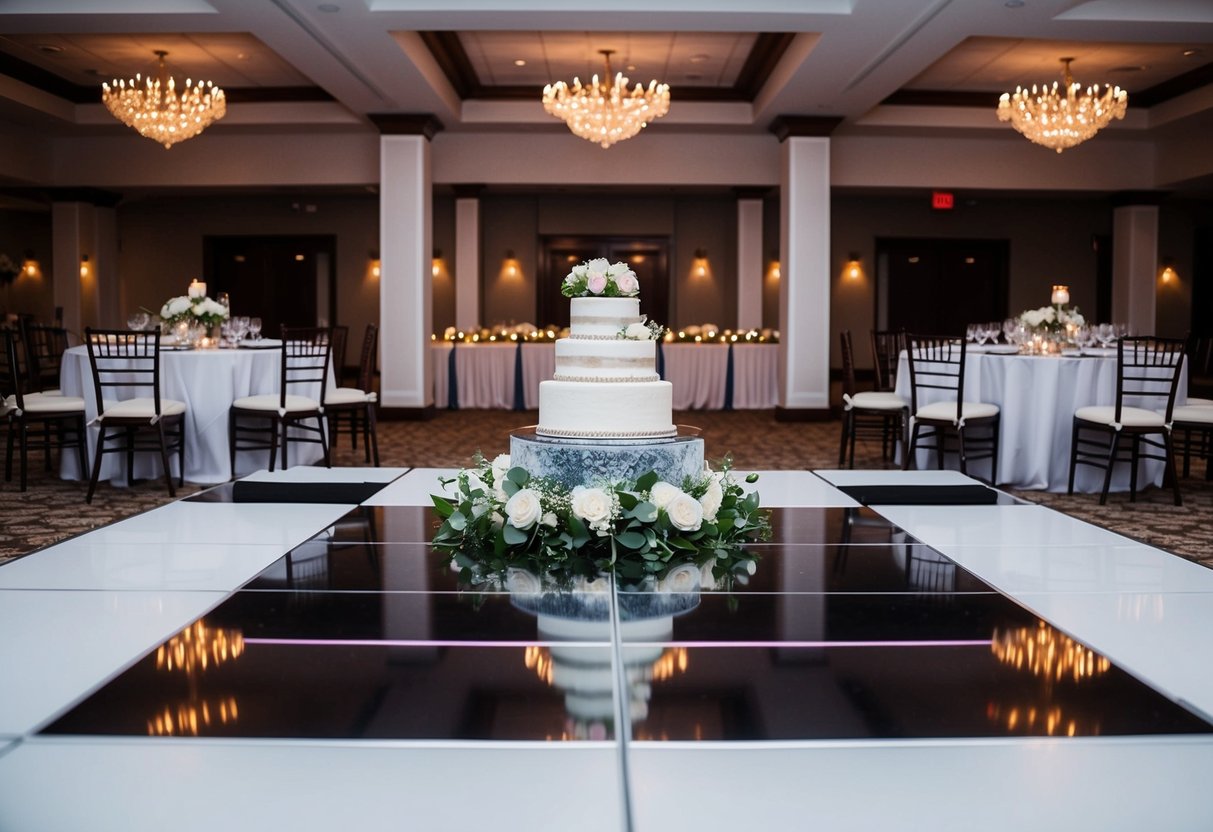 A wedding reception with decorated tables, a dance floor, and a cake cutting ceremony