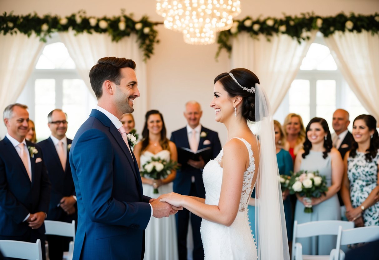 A bride and groom exchanging vows in a decorated ceremony space, surrounded by family and friends
