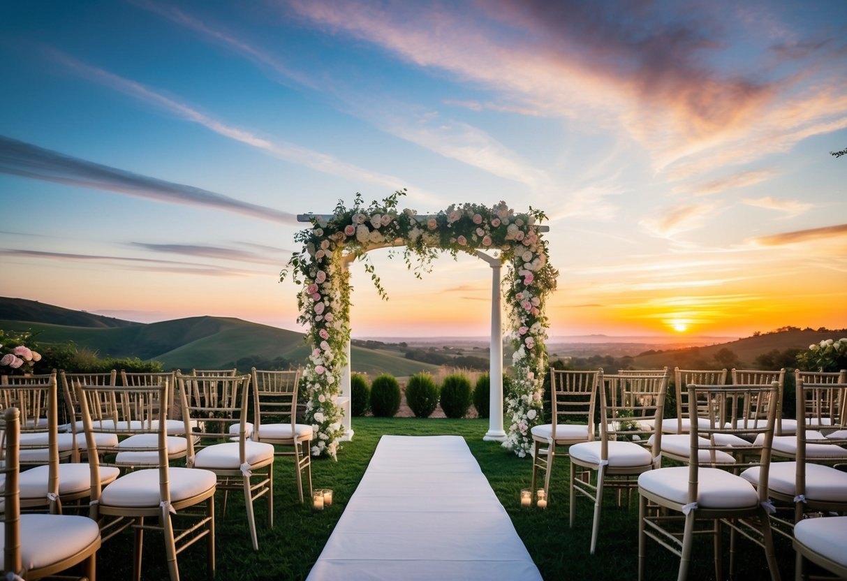 A picturesque outdoor wedding venue with blooming flowers, elegant chairs, and a romantic archway set against a backdrop of rolling hills and a vibrant sunset