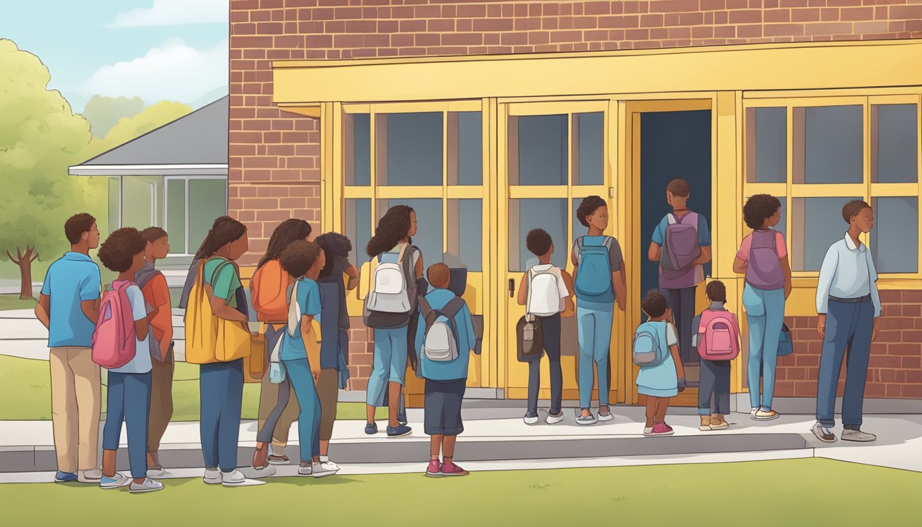 A line of people stands outside a school building, waiting to enroll. A school bus pulls up, and a staff member greets the new students