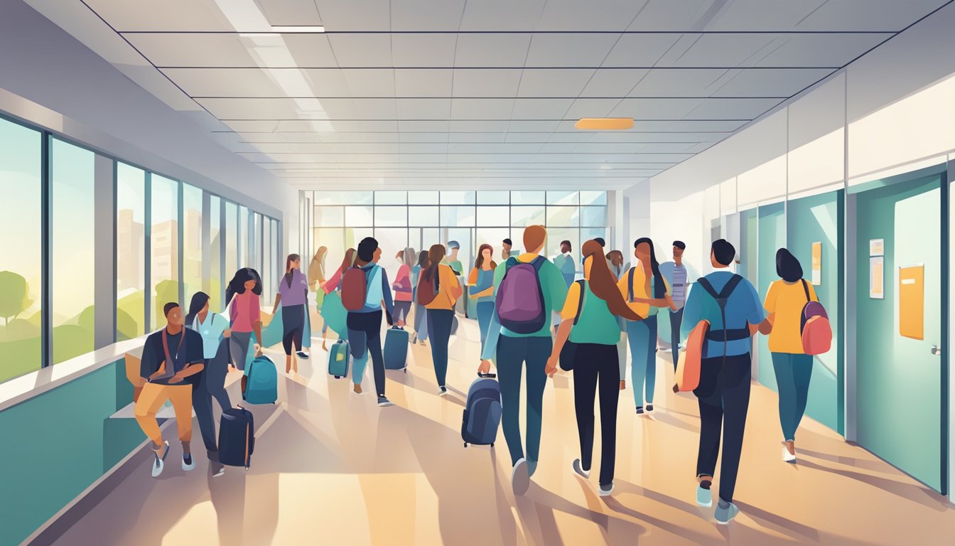 A bustling school hallway with students interacting at the Student Services office in a modern building