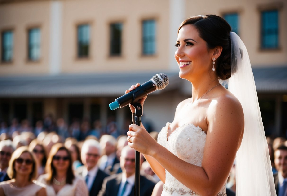 A bride standing at a microphone, smiling and looking out at the audience with a sense of warmth and confidence