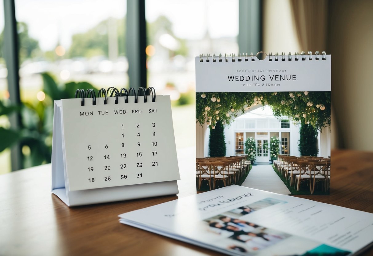A calendar with a few days marked and a wedding venue brochure